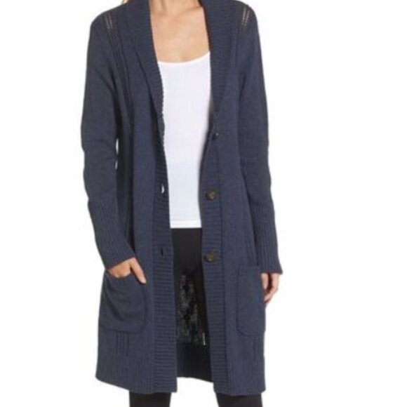 UGG Sweaters - UGG XL Hayley Cardigan Navy Blue Heathered Chunky Cable Knit Sweater Cozy EUC